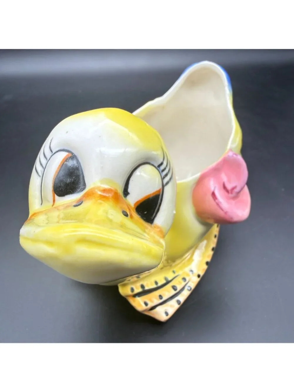 Vintage Duck Planter Ceramic Pottery Big Side Eyes Kitsch Nursery Decor Yellow